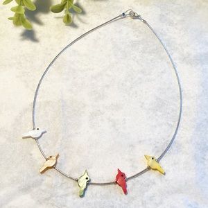 Liquid Silver Bead Mother of Pearl Bird Fetish Single Strand Necklace - 14 inch